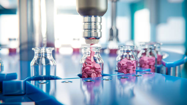 jar filling with red tablets on a packaging line in a pharmaceutical factory 3d illustration